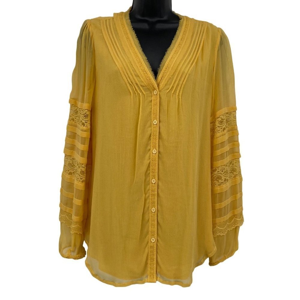 Sundance Women's Lace Chiffon Button Front Top Size S Long Sleeve V Neck Yellow